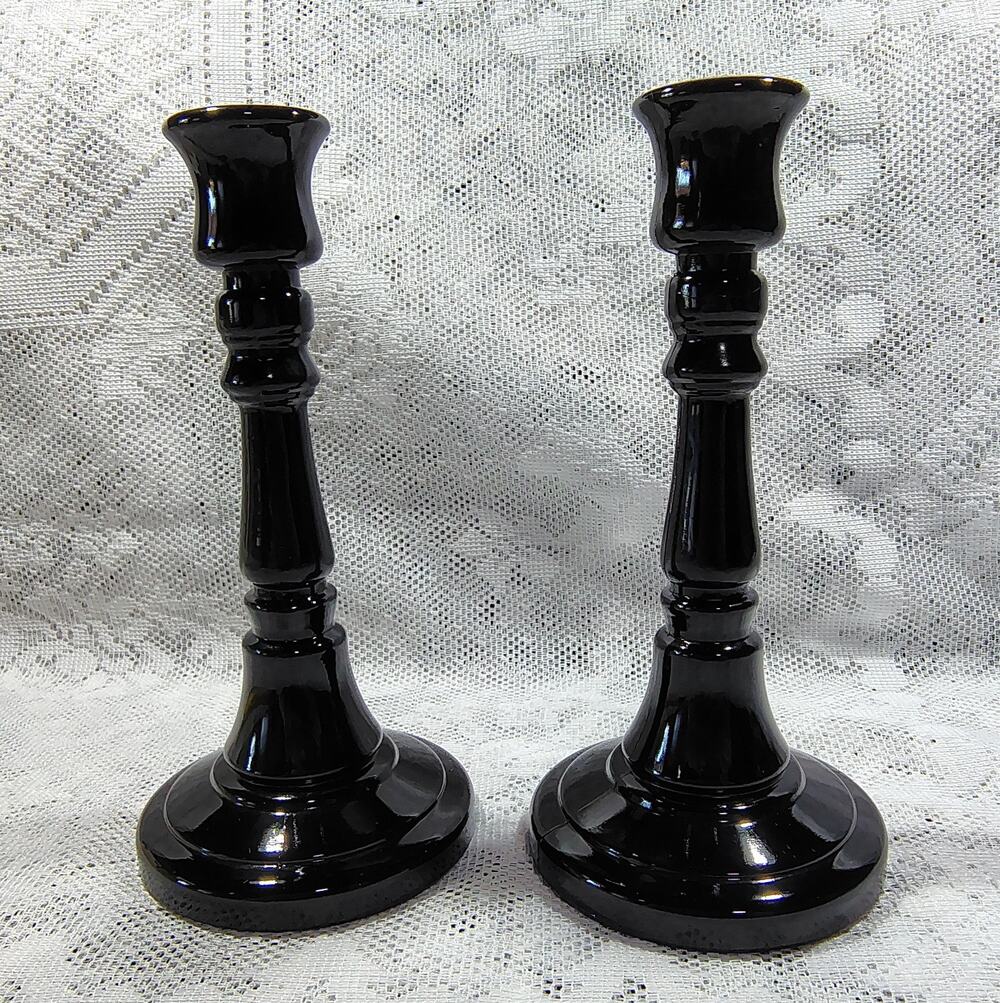 Vintage Imperial Glass Black Glass Candlesticks Premium Pattern 8"